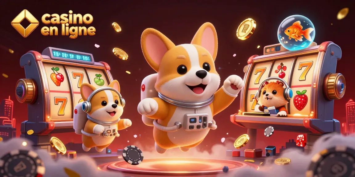 Image illustrant un corgi astronaute et un hamster de contrôle de mission jouant dans un casino en ligne, entourés de jetons et de rouleaux.