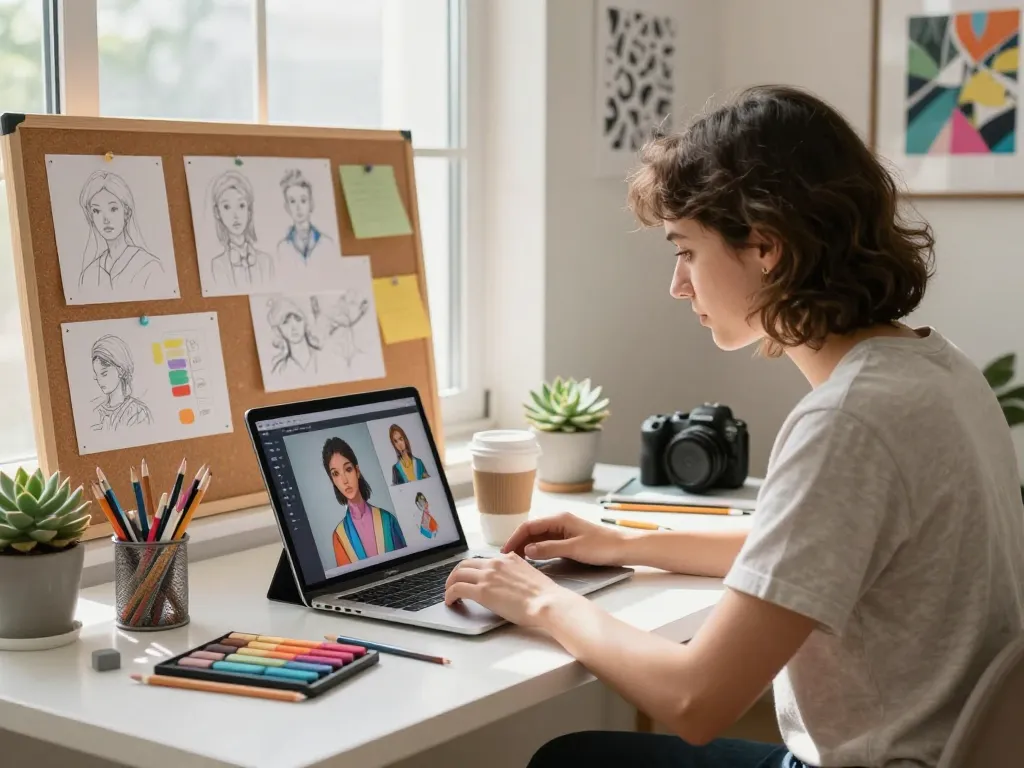 Using an image to prompt tool in a creative workspace, vibrant art supplies, and inspiring sketches.
