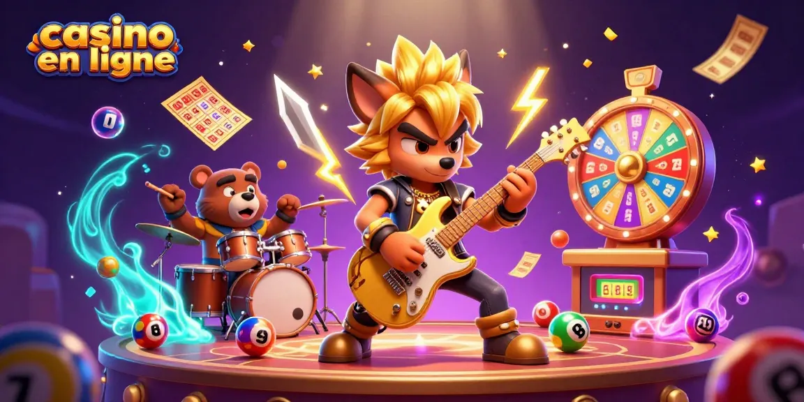 Des éléments de casino en ligne se mélangent à une scène dynamique avec un loup rock star et un ours batteur.