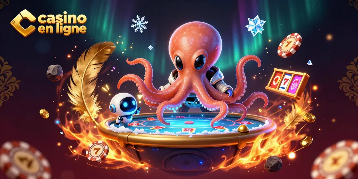 Un octopus extraterrestre et un robot à un casino en ligne avec des jetons en orbite.