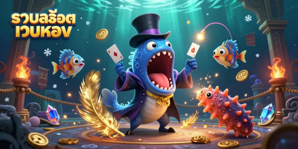 Experience thrilling gameplay with รวมสล็อตเว็บตรง as magical sea creatures perform in an underwater casino.