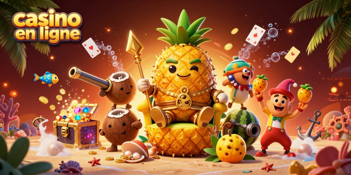 Vue captivante du royaume du casino en ligne avec le roi ananas doré sur son trône.