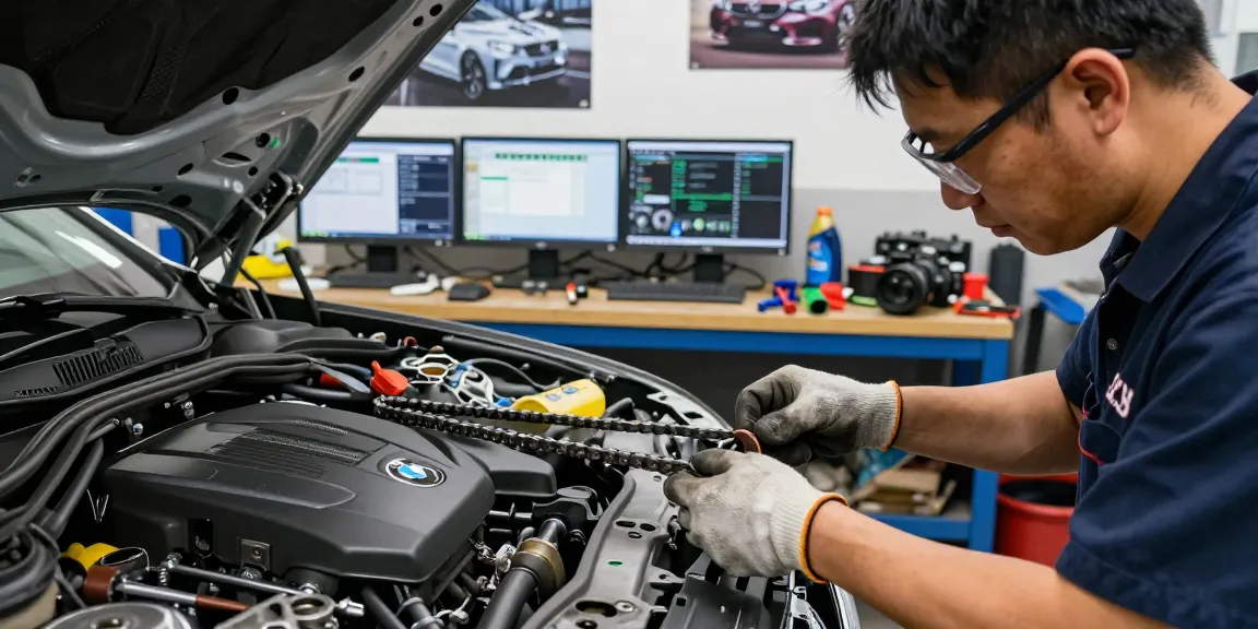 Mechaniker bei BMW, der zeigt, wie man die Steuerkette wechseln in Hannover in einer gut ausgestatteten Werkstatt.