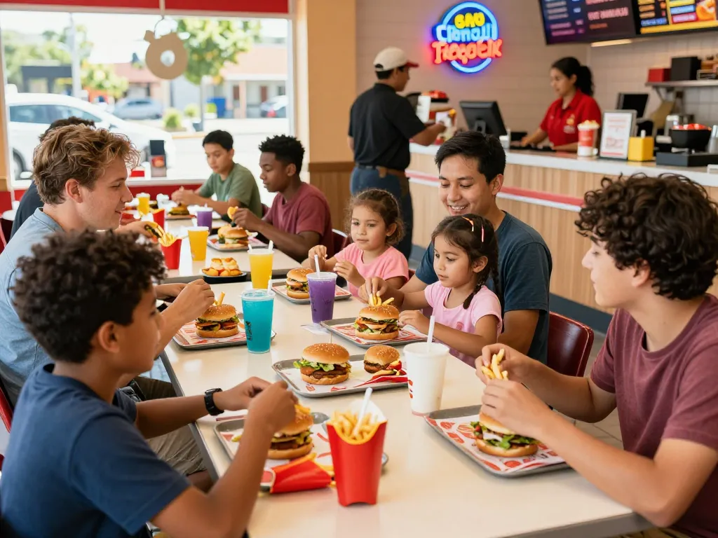 Fast food menu items enjoyed by friends in a lively restaurant setting.
