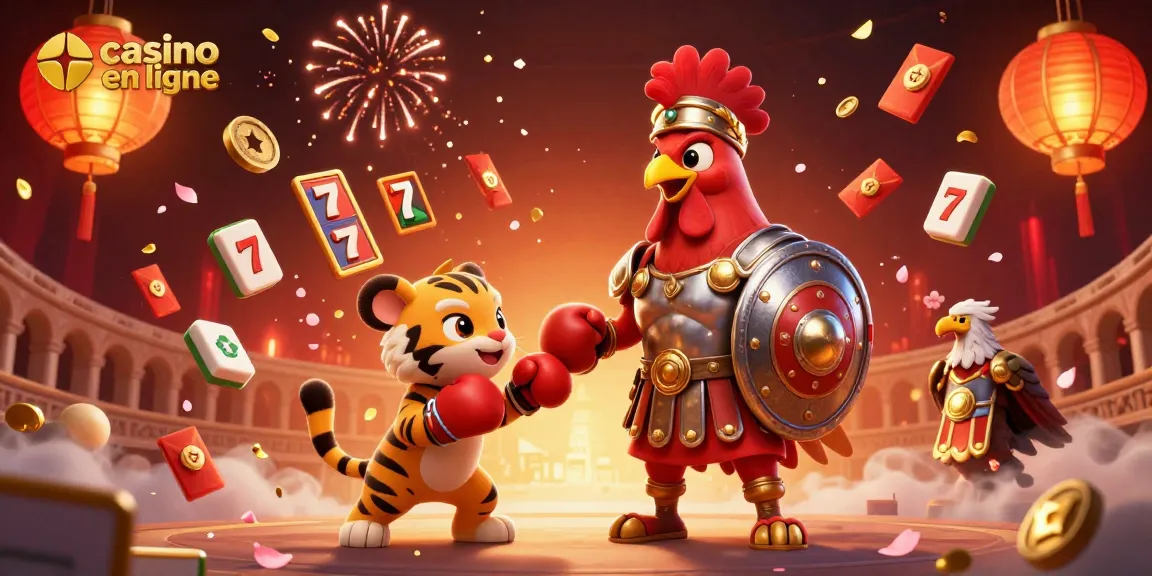 Illustration dynamique de casino en ligne avec un coq gladiateur, un tigre et des éléments de jeu