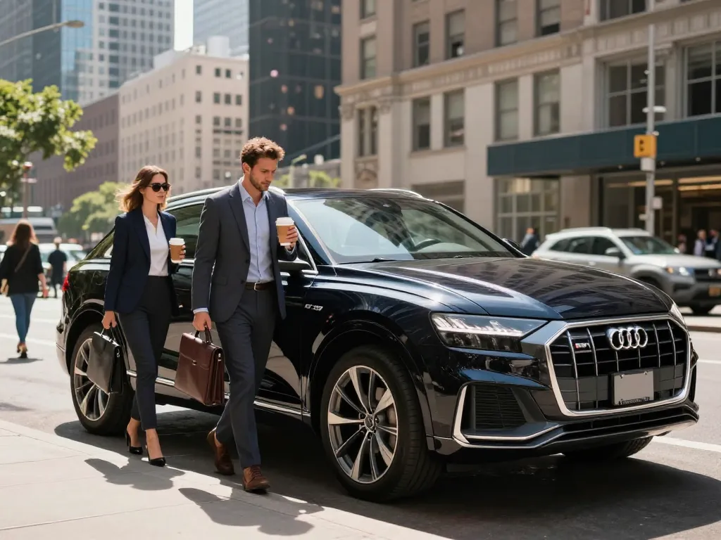 Trải nghiệm cho thuê xe ô tô hạng sang với Audi Q8, cặp đôi phong cách trong môi trường đô thị.