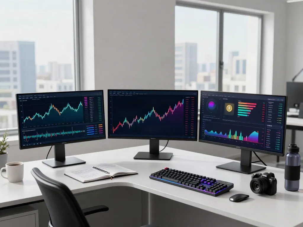HKEX market data vendor and cryptocurrency trading setup with multiple monitors and tools.