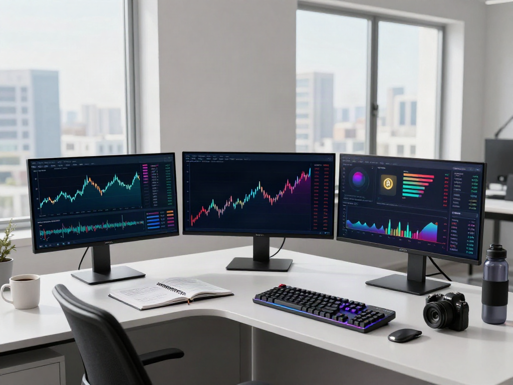 HKEX market data vendor and cryptocurrency trading setup with multiple monitors and tools.