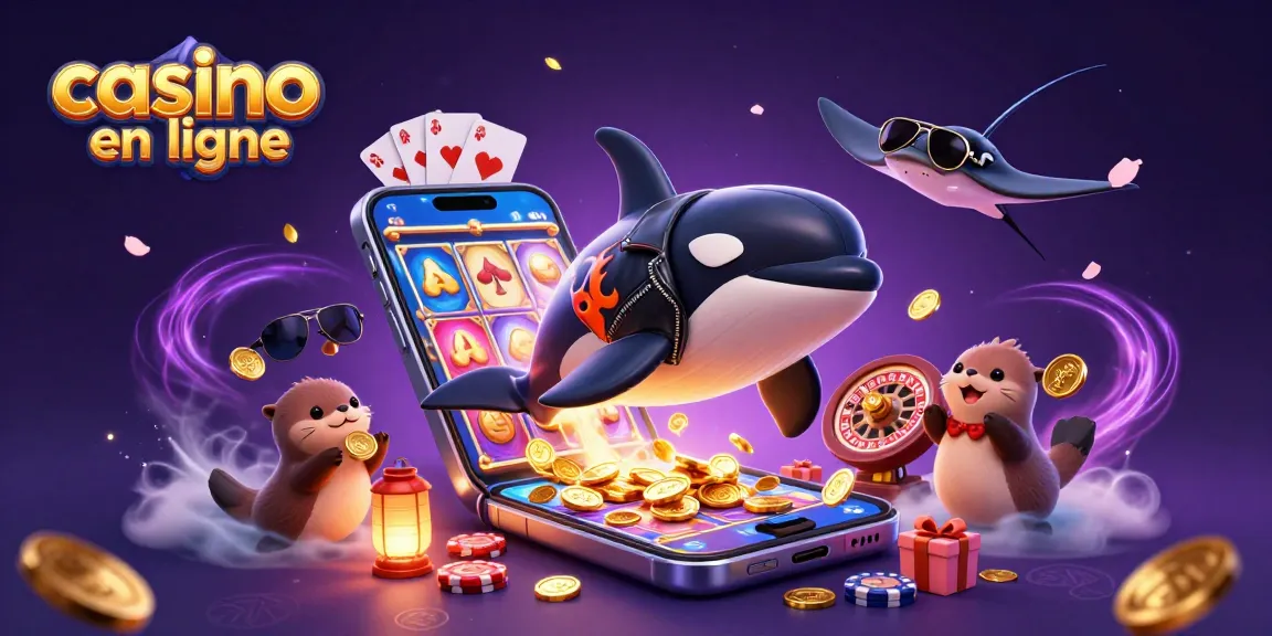 Le casino en ligne animé avec un orque dans un blouson de moto, un stingray et une famille d'otaries, tous en fête autour de jeux.