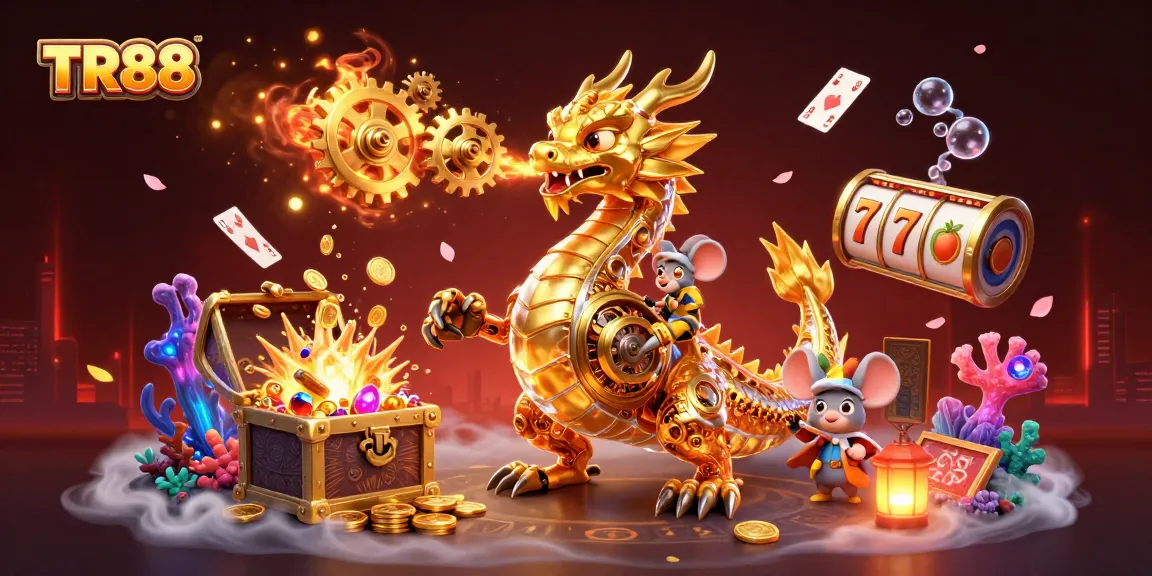 Experience the thrill of TR88 slots with a golden dragon breathing gears amidst dazzling treasures.
