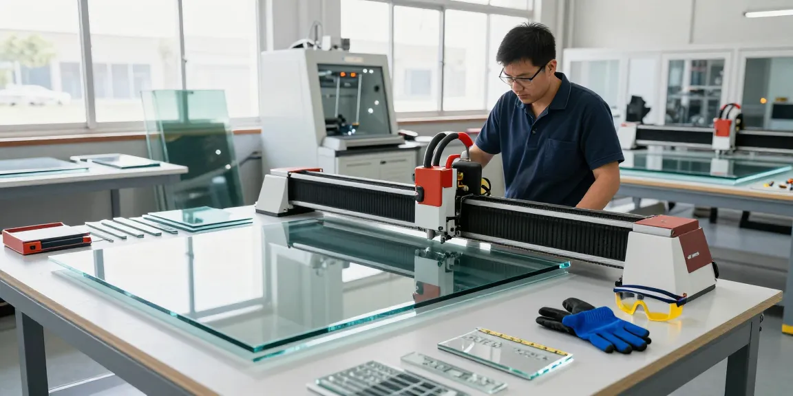 Technician using a glass cutting table in a modern processing workshop.