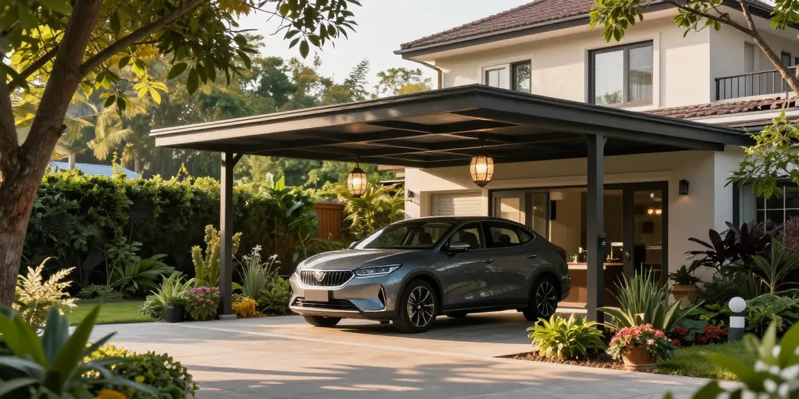 Attraktiver Carport mit modernem Fahrzeug und schöner Gartenumgebung.