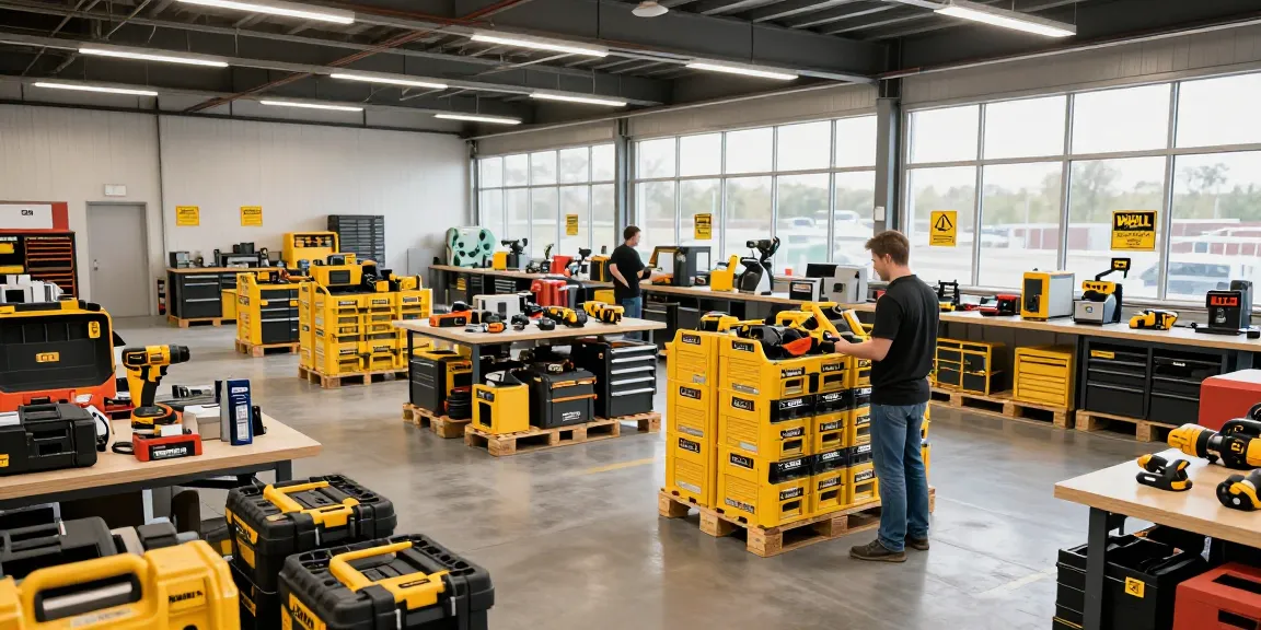 Best Mix DeWalt Tools Pallets (50 Units) | Wholesale Liquidation & Nationwide Shipping showcased in a vibrant warehouse setting, tools and pallets arranged efficiently.