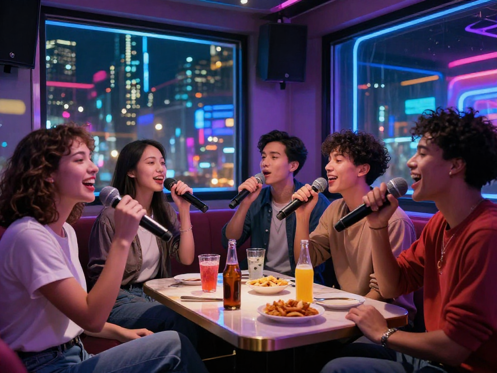 유앤미 가라오케에서 친구들과 함께 노래를 부르며 즐거운 시간을 보내는 모습