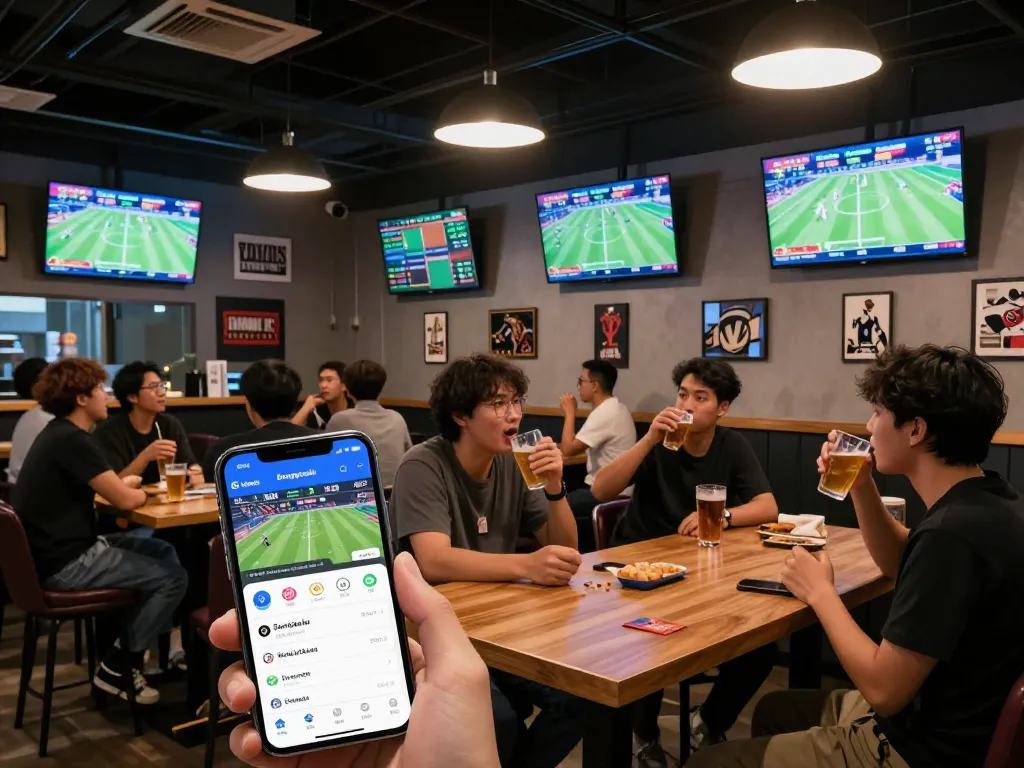 Bongdallu users placing sports bets while watching live games in a lively sports bar