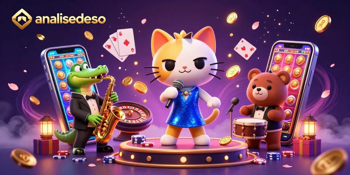 Experience the excitement of analisedeseo with a jazz-singer cat, crocodile, and bear in a vibrant casino illustration.