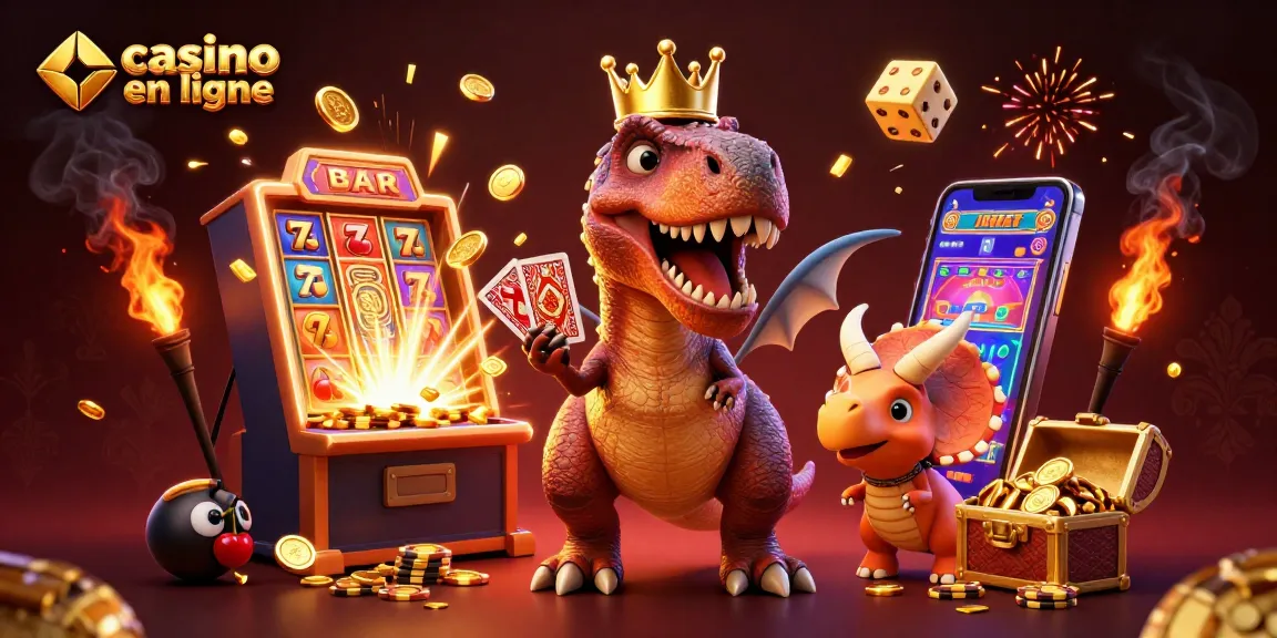 Participez au casino en ligne avec un T-Rex amusant distribuant des cartes, entouré d'un jackpot éclatant.
