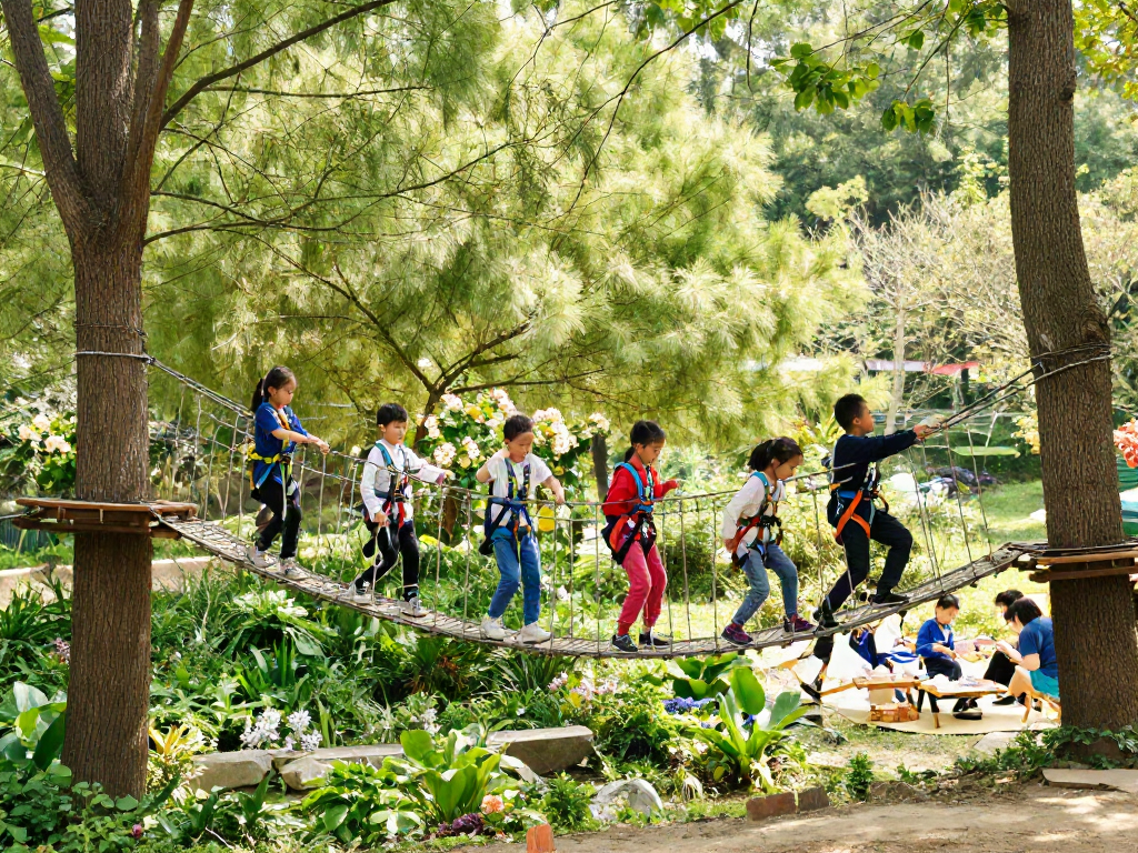 Cherubic children crossing a rope bridge, embodying adventurous outdoor play in a lush green park.