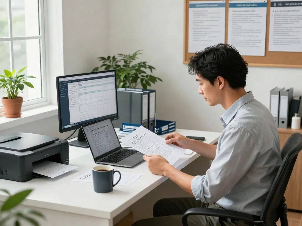 Engaged tax professional using service bureau tax software in a modern office