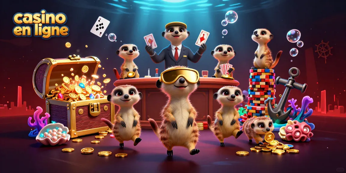 Des suricates gèrent un casino en ligne, entourés de trésors colorés et de jeux dynamiques.