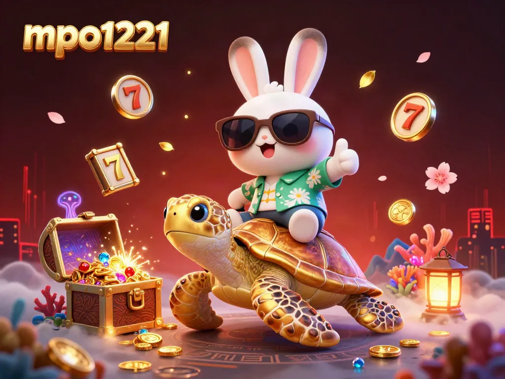 Experience the fun of mpo1221 with a lucky rabbit and golden turtle amid treasure and casino elements.