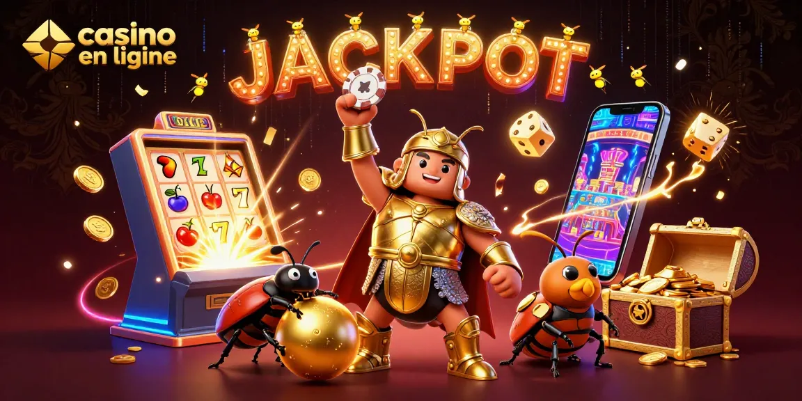 Visitez ce casino en ligne où des insectes en armure célèbrent un jackpot lumineux avec des pièces d'or et une machine à sous.
