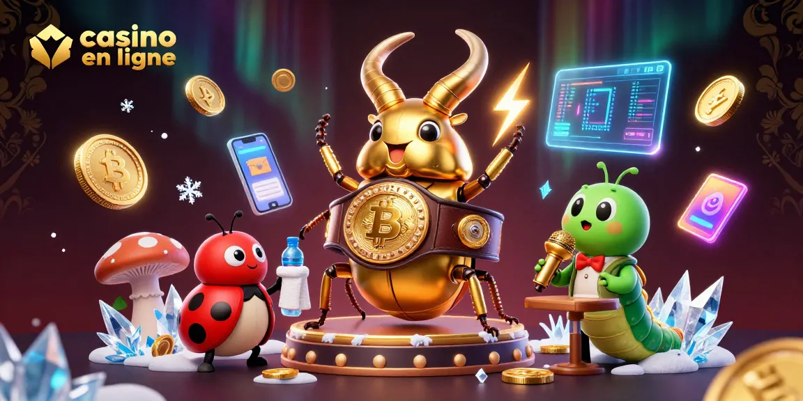 Illustration dynamique illustrant un combat au casino en ligne avec un insecte et un croupier.