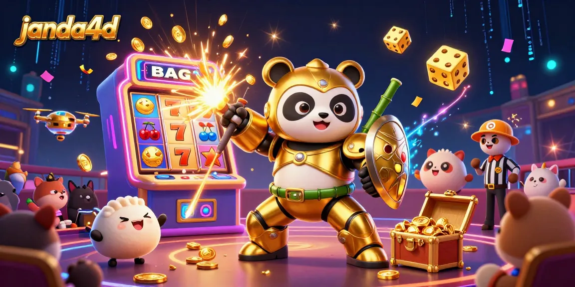 Gambaran dinamis janda4d dengan slot mesin mengeluarkan koin di latar belakang kasino.