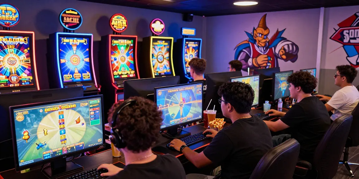 Gamer bermain RTP slot online dengan antusias di ruang permainan modern yang cerah.