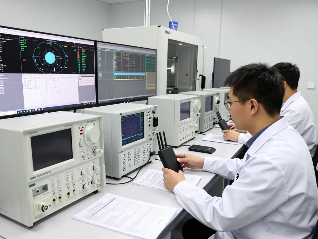 Engineers ensuring FCC compliance in advanced EMC testing lab.