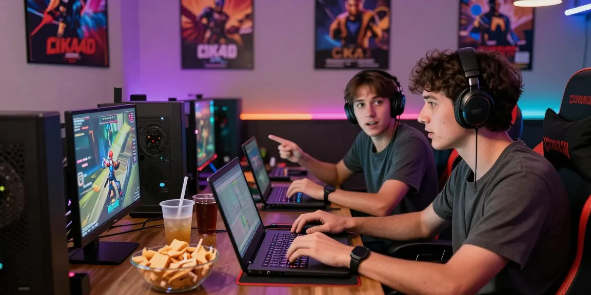 Friends playing CIKA4D in a vibrant gaming lounge, enjoying snacks and strategies.