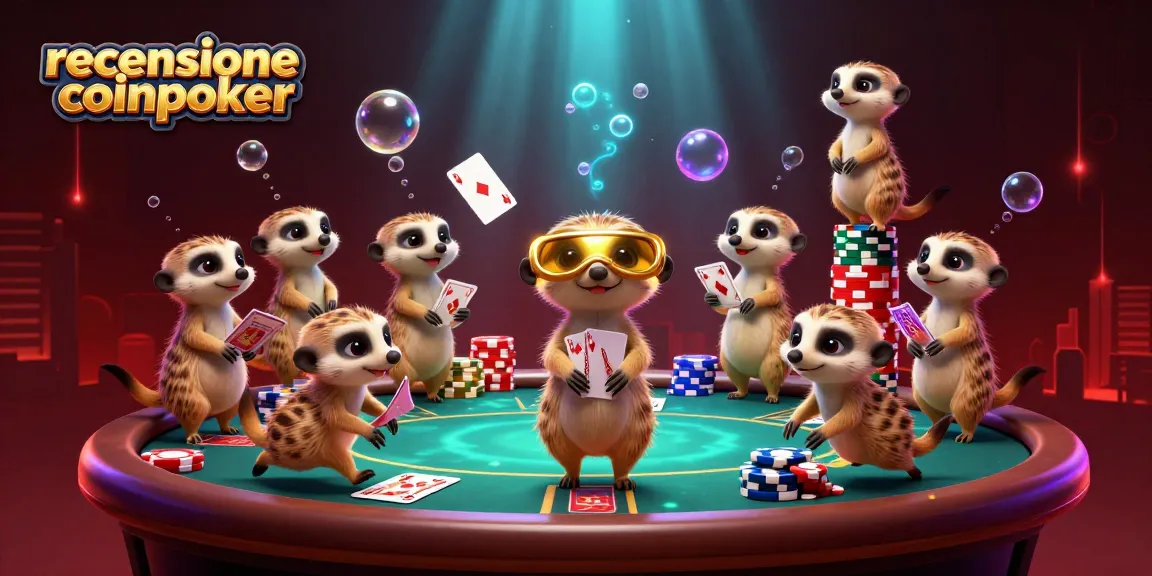 Scopri la recensione coinpoker mentre i suricati gestiscono il casinò con tavoli da poker e carte.