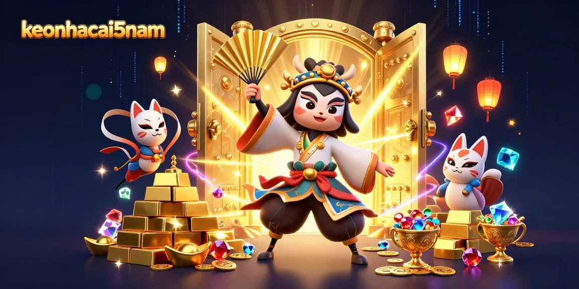 Engage with keonhacai5nam's vibrant casino scene showcasing legendary characters and treasures.