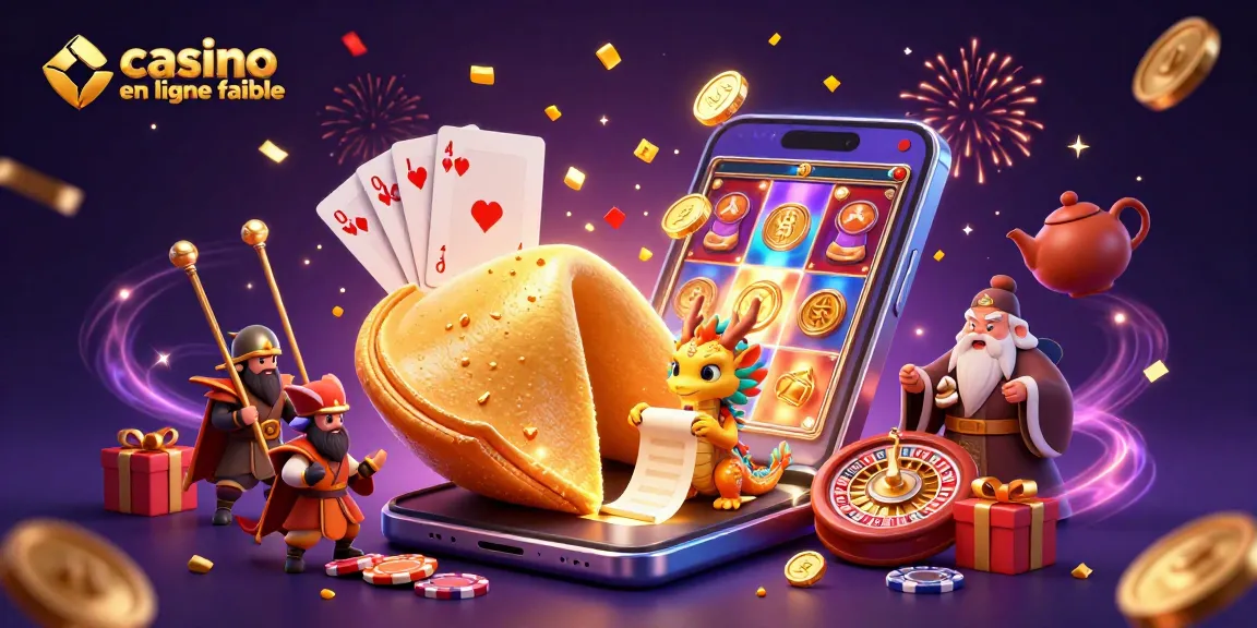 Une illustration de casino en ligne fiable mettant en scène un cookie de fortune avec un dragon et des éléments de jeux d'argent.