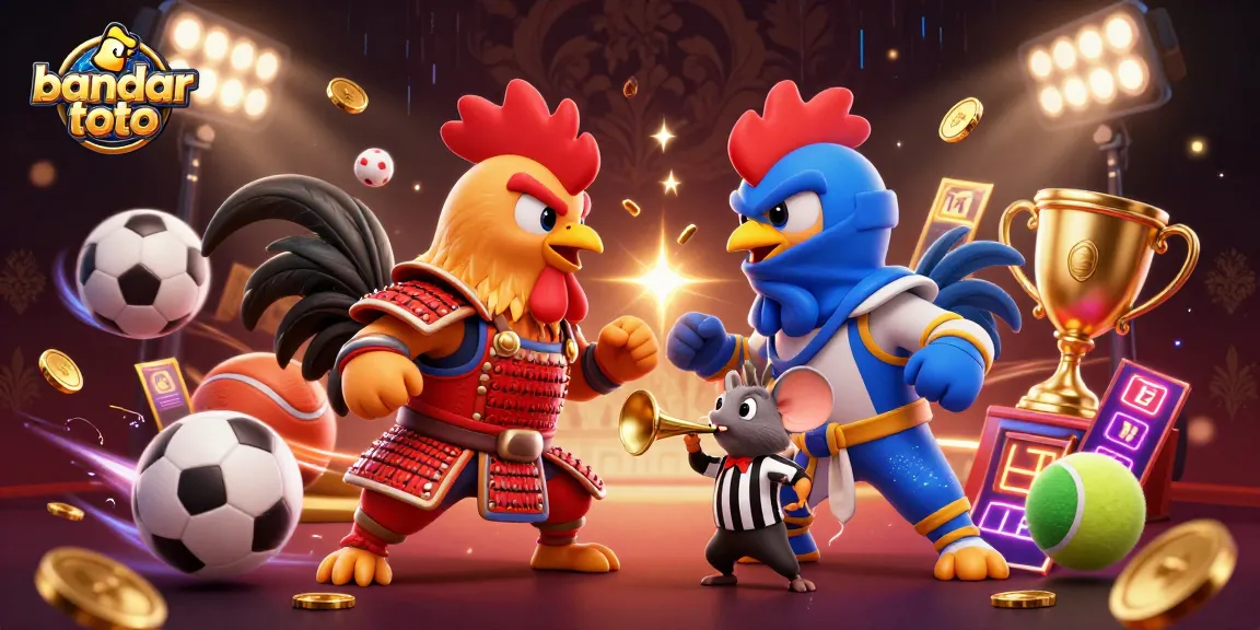Experience the thrill of bandar toto with dynamic cartoon fighting roosters and vibrant casino elements.