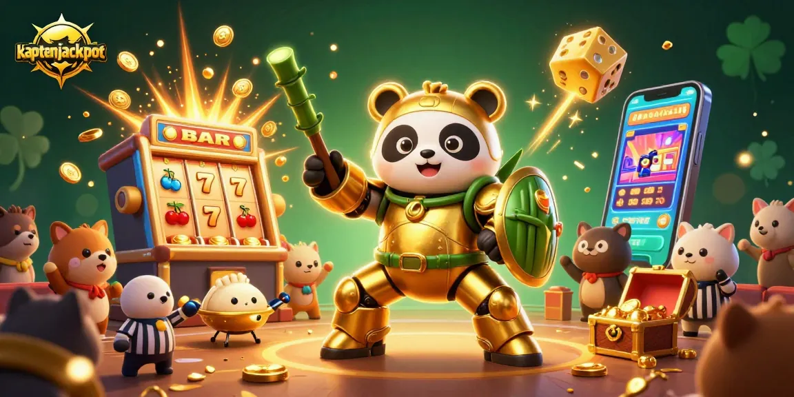 Experience the excitement of kaptenjackpot with dynamic 3D illustration of slot games and cheering spectators.