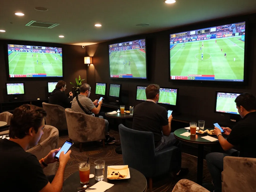 3win players engaging in sports betting, focused on mobile devices with live games displayed