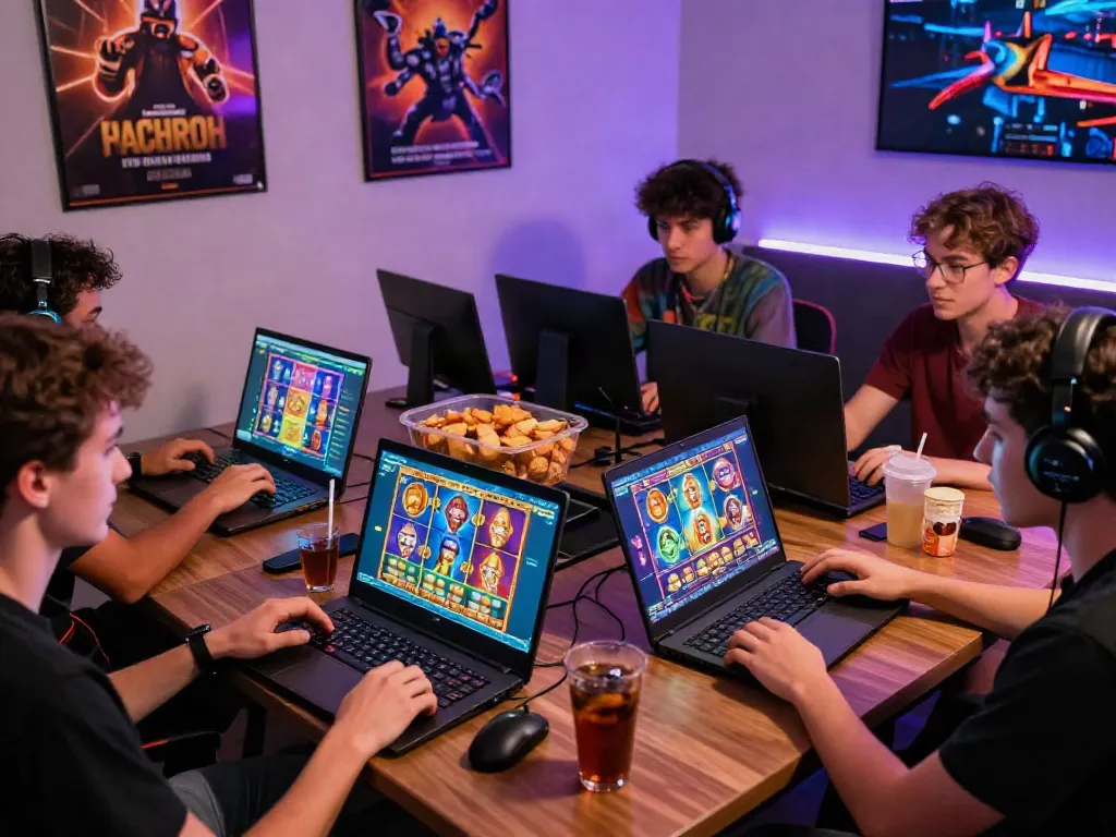 Friends enjoying online slot games on multiple devices in a lively gaming setup.