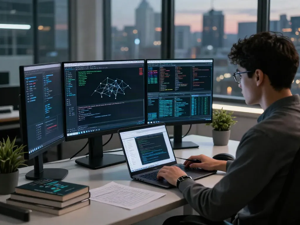 In-depth analysis of the hidden wiki dark web with cybersecurity expert reviewing encrypted data in a modern workspace.