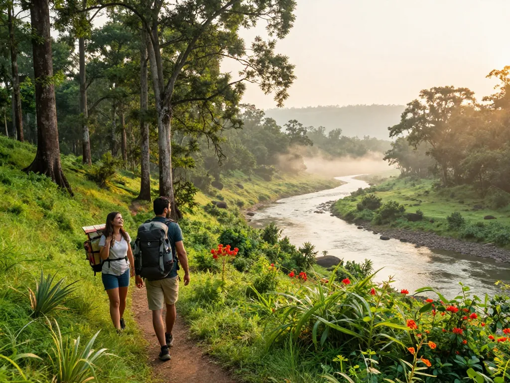 Dandeli's lush forests and couple hiking along the Kali River