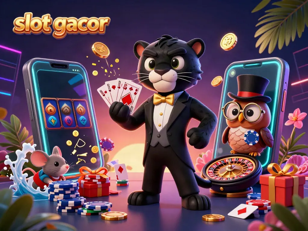 Engaging scene of a stylish panther and friends promoting slot gacor with vibrant casino elements.