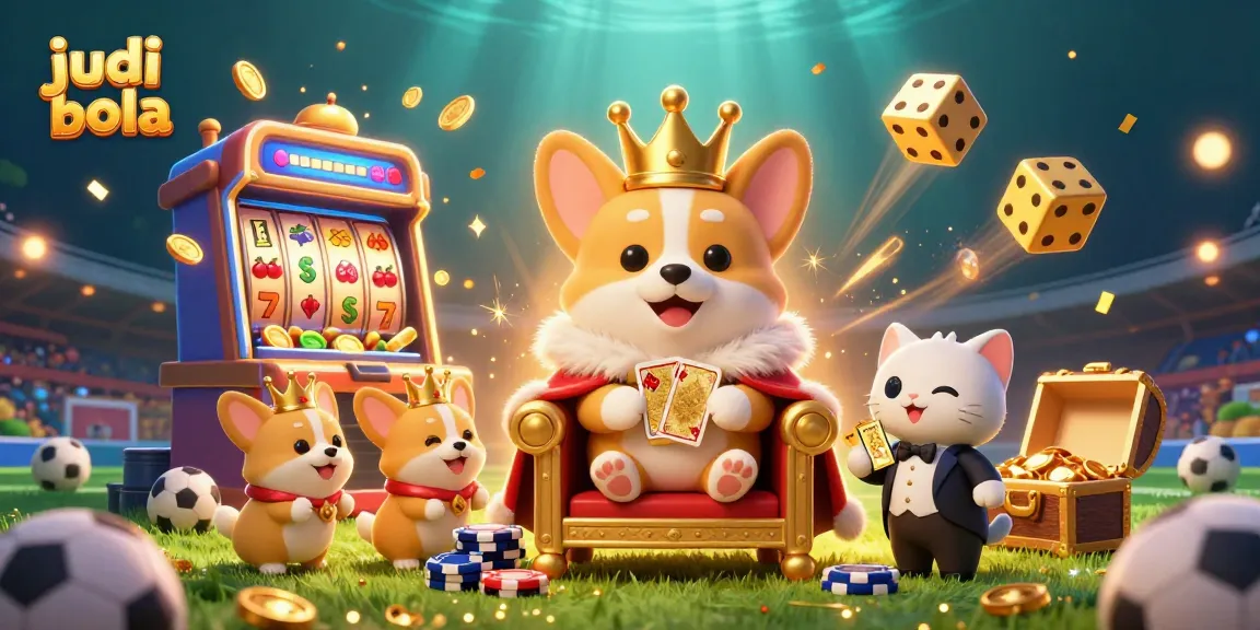 Engage in judi bola excitement with dynamic sports elements and a royal corgi in a vibrant casino scene.