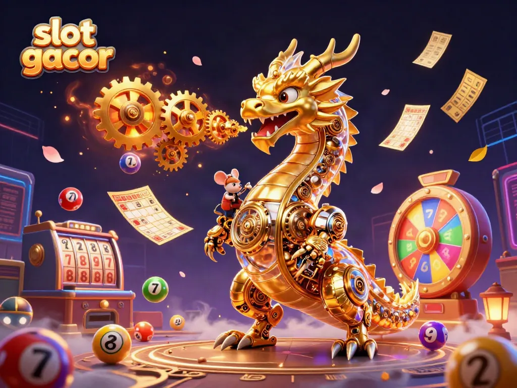 Experience the thrill of slot gacor with a golden dragon amidst vibrant gaming elements and rich visuals.