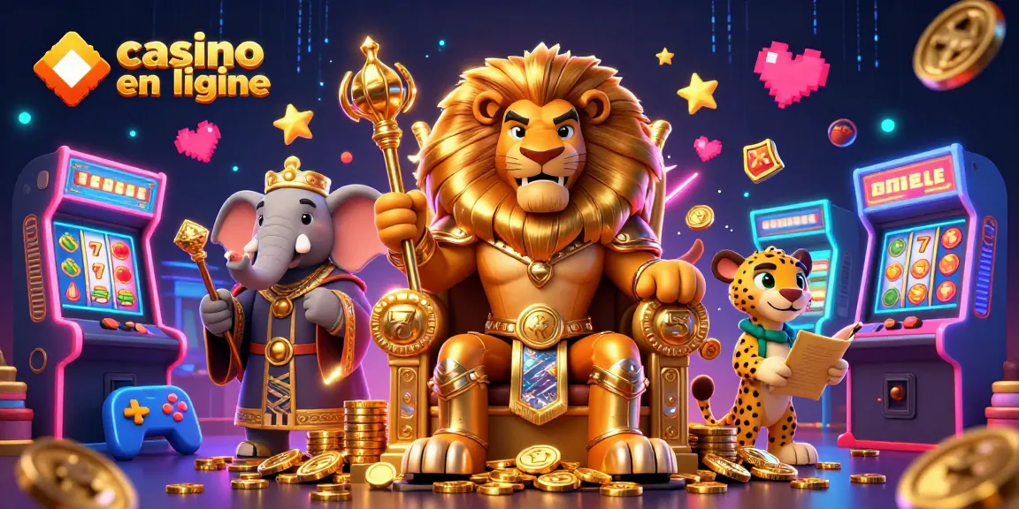 Le roi lion en armure siégeant sur un trône doré, entouré de machines à sous, pour un casino en ligne.