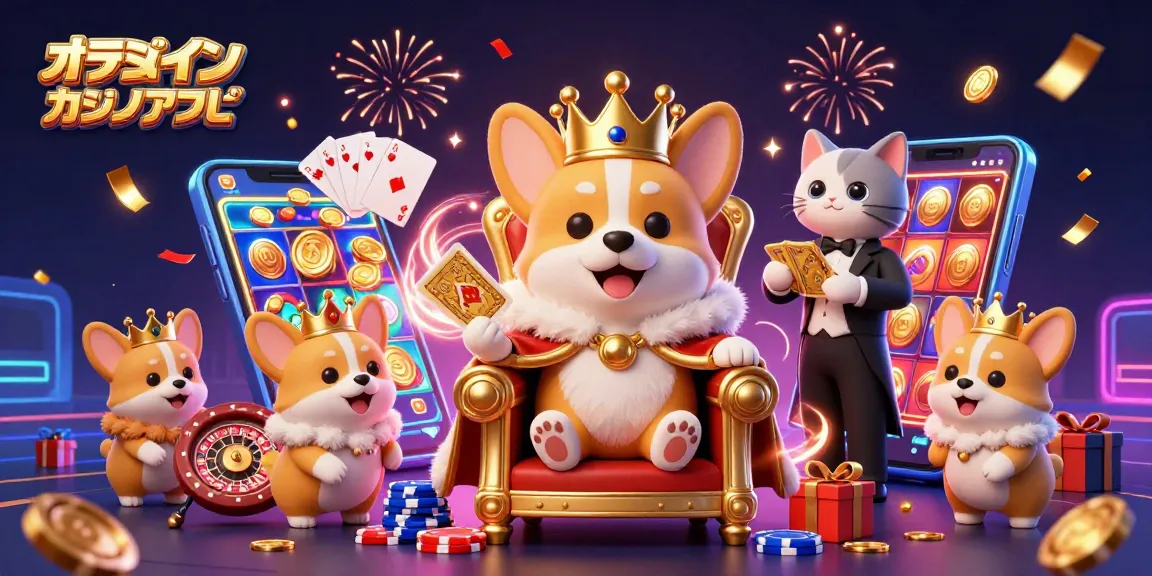 オンラインカジノ アプリを楽しむコーギーの王様とキャットバトラー。