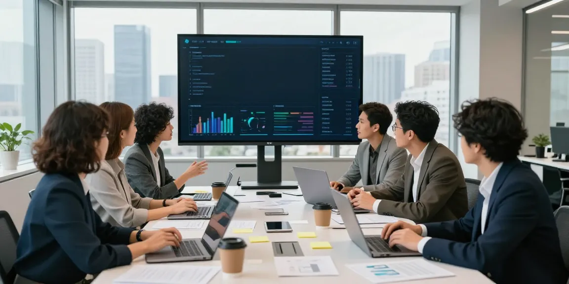Team collaborating on business data from Outscraper in a modern office setting.