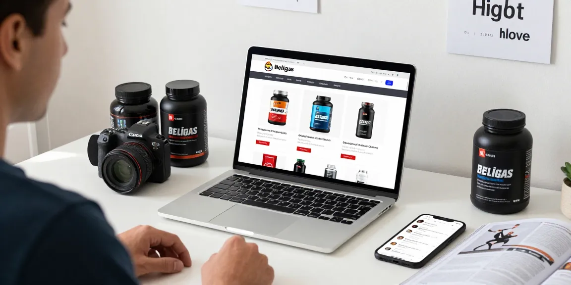 Beligas Shop user browsing anabolic steroids online in a modern workspace.