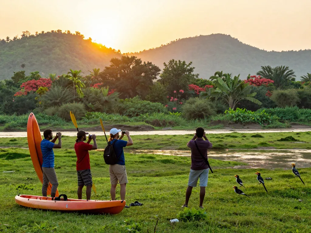 Dandeli travelers enjoying the scenic beauty of Kali River with kayaking gear amid lush jungle foliage.