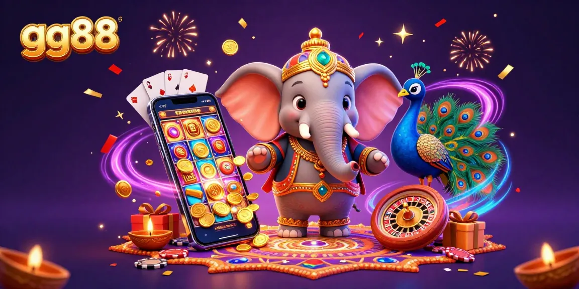 Engage with gg88’s vibrant casino scene featuring a cartoon elephant and peacock amidst dazzling games and festive elements.