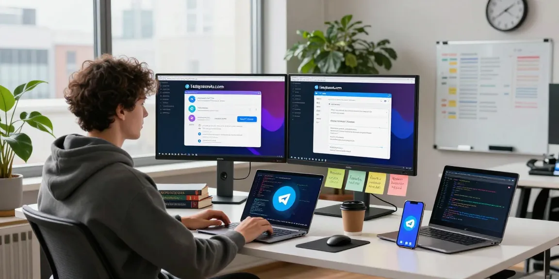 Innovative workspace showcasing telegraimin.com features with developer, dual monitors, and urban backdrop